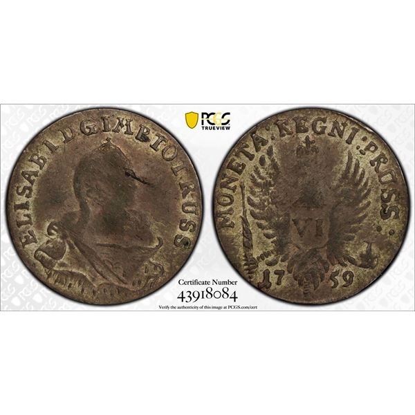 EAST PRUSSIA: Elizabeth I, of Russia, 1758-1762, AR 6 gröscher, Königsberg, 1759, PCGS XF40