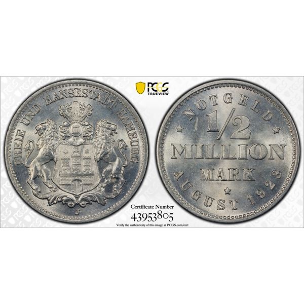 HAMBURG: Free Hanseatic City, 500,000 Mark, 1923-J, PCGS MS66