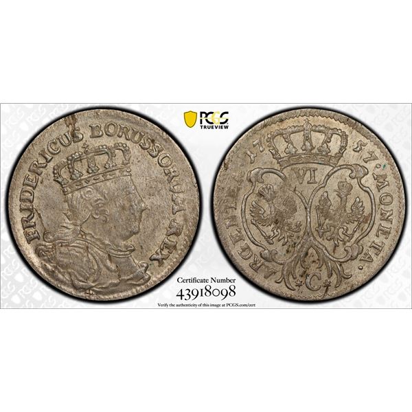 PRUSSIA: Friedrich II, the Great, 1740-1786, AR 6 kreuzer, 1757-C, PCGS MS63