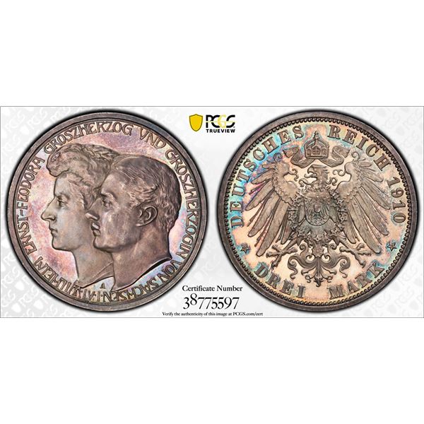 SAXE-WEIMAR-EISENACH: Wilhelm Ernst, 1901-1918, AR 3 mark, 1910-A, PCGS PF64 Cameo