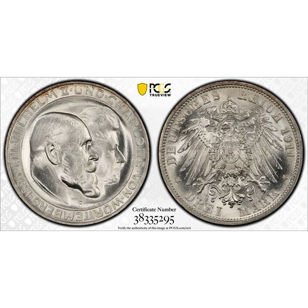WÜRTTEMBERG: Wilhelm II, 1891-1918, AR 3 mark, 1911-F, PCGS MS64