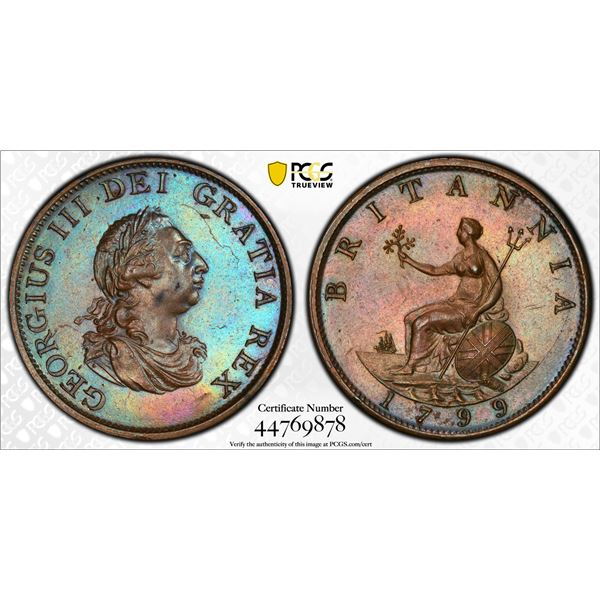 GREAT BRITAIN: George III, 1760-1820, AE halfpenny, 1799, PCGS MS63 BN