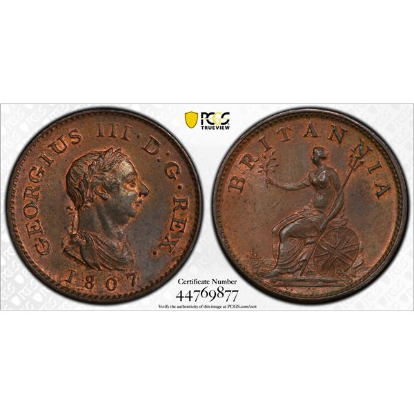 GREAT BRITAIN: George III, 1760-1820, AE farthing, 1807, PCGS MS64 BN