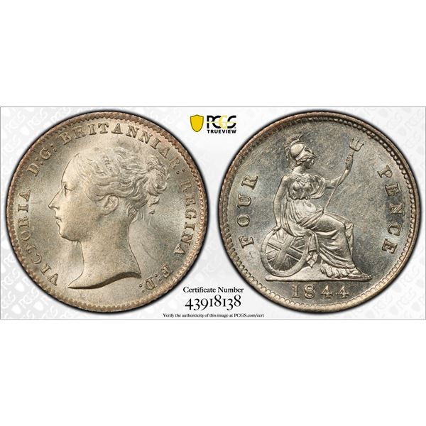 GREAT BRITAIN: Victoria, 1837-1901, AR fourpenny, 1844, PCGS MS64