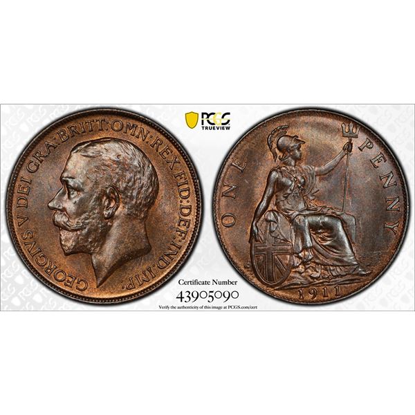 GREAT BRITAIN: George V, 1910-1936, AE penny, 1911, PCGS MS65 BN