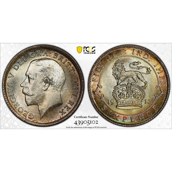 GREAT BRITAIN: George V, 1910-1936, AR 6 pence, 1913, PCGS MS67