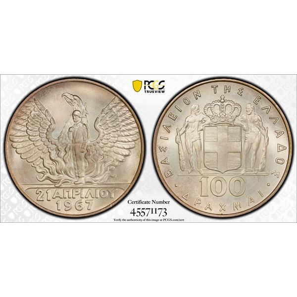 GREECE: Constantine II, 1964-1973, AR 100 drachmai, 1967, PCGS MS67
