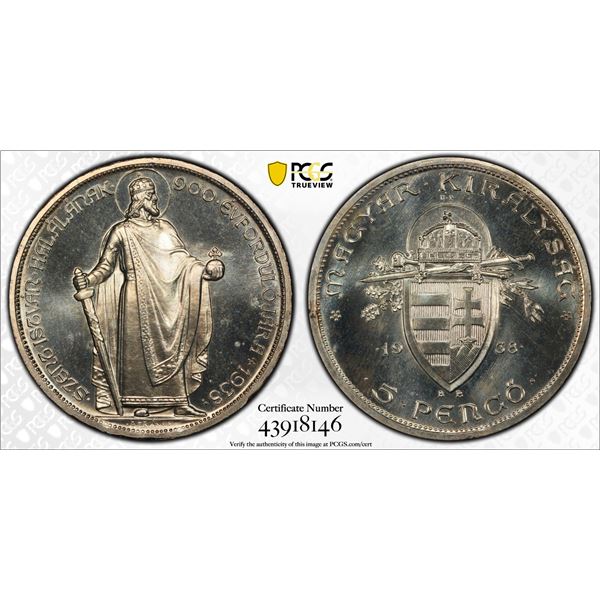 HUNGARY: Miklós Horthy, regent, 1920-1944, AR 5 pengo, 1938, PCGS Proof 66