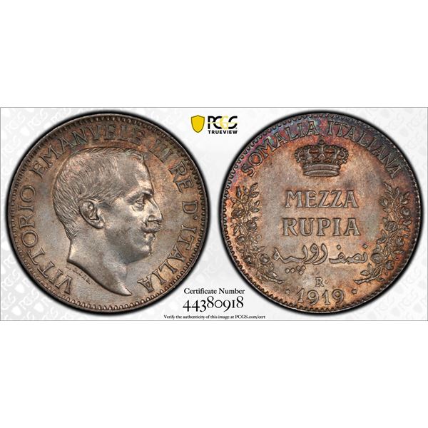 ITALIAN SOMALILAND: Vittorio Emanuele, 1900-1946, AR ½ rupia, 1919-R, PCGS MS61