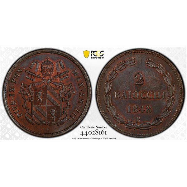 PAPAL STATES: Pius IX, 1846-1870, AE 2 baiocchi, 1848-B year III, PCGS MS62 BN
