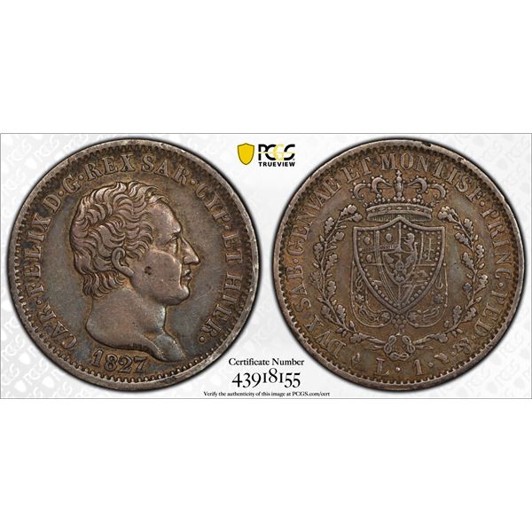 SARDINIA: Carlo Felice, 1821-1831, AR lira, 1827, PCGS XF45