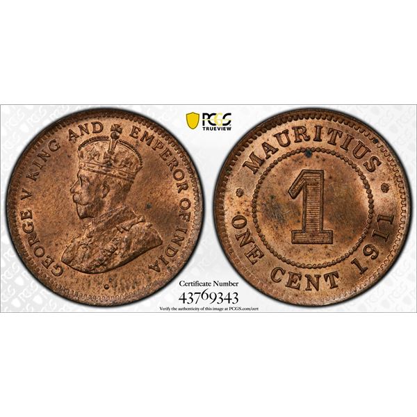 MAURITIUS: George V, 1910-1936, AE cent, 1911, PCGS MS64