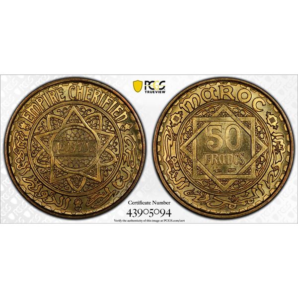 MOROCCO: Muhammad V, 1927-1962, 50 francs, AH1371, PCGS MS67