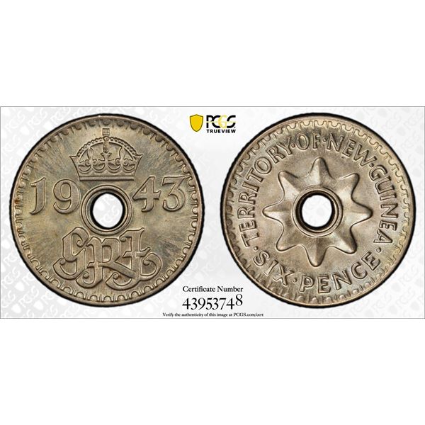 NEW GUINEA: George VI, 1936-1952, 6 pence, 1943, PCGS MS66