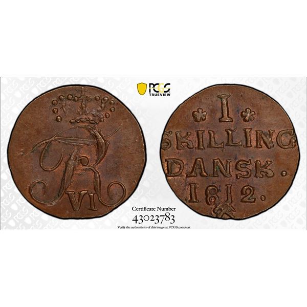NORWAY: Frederik VI, 1808-1814, AE skilling, Kongsberg, 1812, PCGS MS65 BN