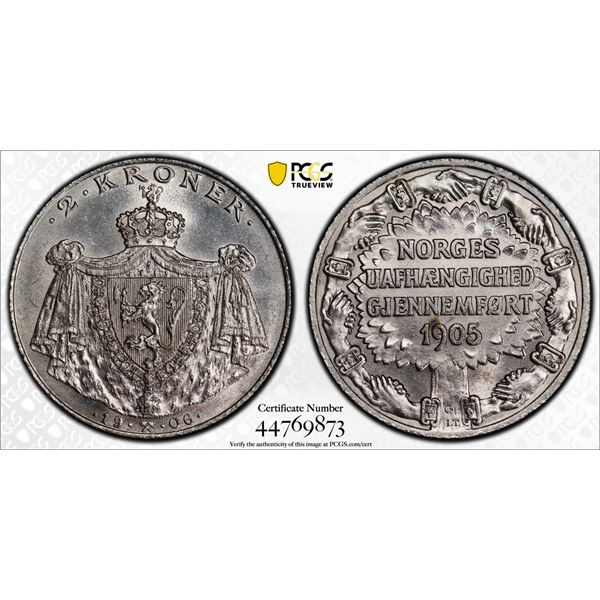 NORWAY: Haakon VII, 1905-1957, AR 2 kroner, 1906, PCGS MS62