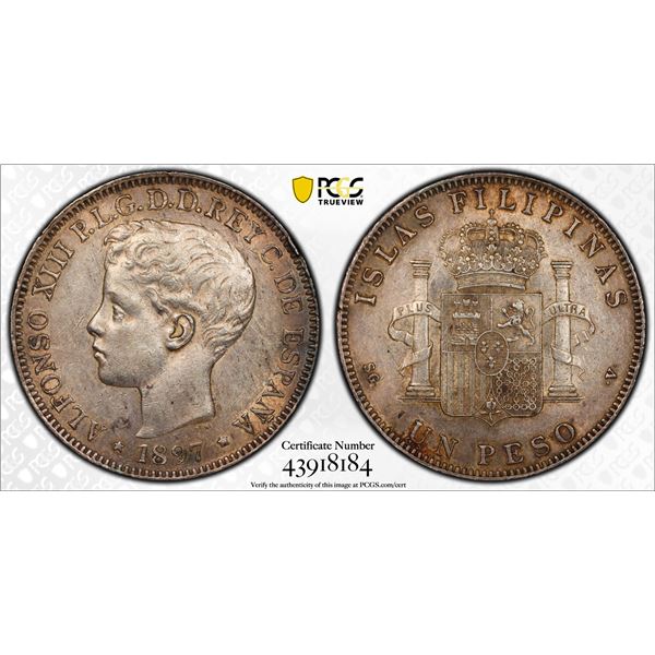 PHILIPPINES: Alfonso XIII, 1886-1898, AR peso, 1897, PCGS AU55