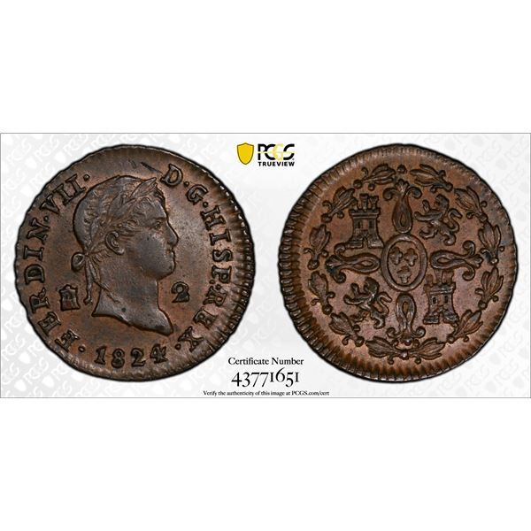SPAIN: Ferdinand VII, 1808-1833, AE 2 maravedis, Segovia, 1824, PCGS MS63 BN