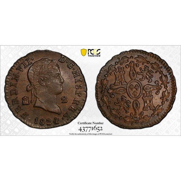 SPAIN: Ferdinand VII, 1808-1833, AE 2 maravedis, Segovia, 1824, PCGS MS63 BN
