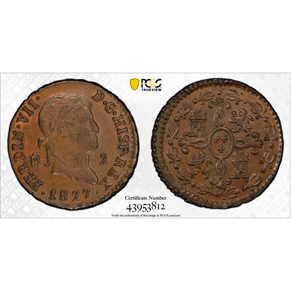 SPAIN: Ferdinand VII, 1808-1833, AE 2 maravedis, Segovia, 1827, PCGS MS63 BN