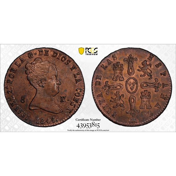 SPAIN: Isabel II, 1833-1868, AE 8 maravedis, Segovia, 1846, PCGS UNC Details