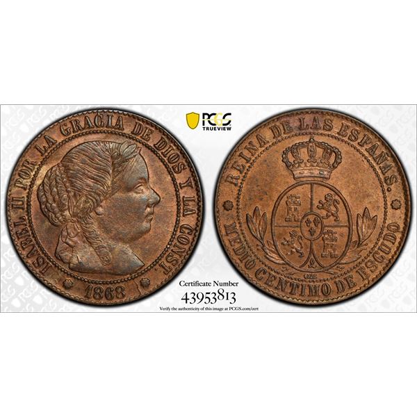 SPAIN: Isabel II, 1833-1868, AE ½ centimo de escudo, Barcelona, 1868, PCGS MS64 BN