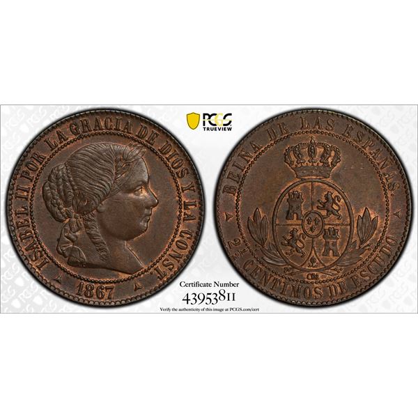 SPAIN: Isabel II, 1833-1868, AE 2½ centimos de escudo, Segovia, 1867, PCGS MS64 BN