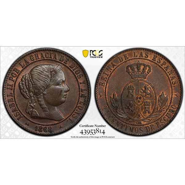 SPAIN: Isabel II, 1833-1868, AE ½ centimo de escudo, Barcelona, 1868, PCGS MS64 BN