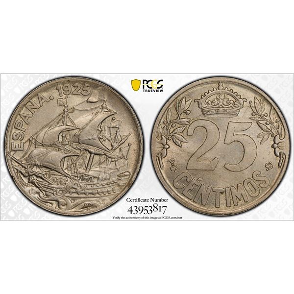 SPAIN: Alfonso XIII, 1886-1931, 25 centimos, 1925, PCGS MS64