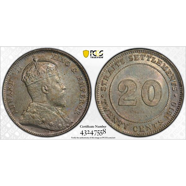 STRAITS SETTLEMENTS: Edward VII, 1901-1910, AR 20 cents, 1910-B, PCGS AU58
