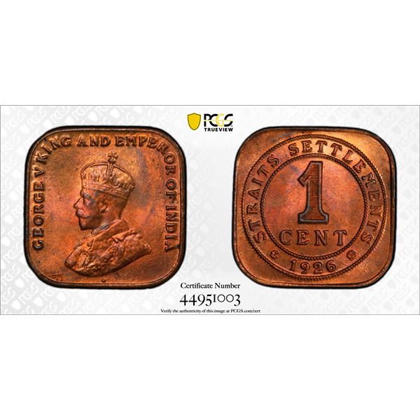 STRAITS SETTLEMENTS: George V, 1910-1935, cent, 1926, PCGS MS64 RB