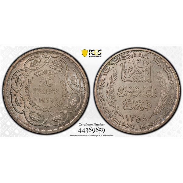 TUNISIA: Ahmad Pasha Bey, 1929-1942, AR 20 francs, 1939/AH1358, PCGS MS65