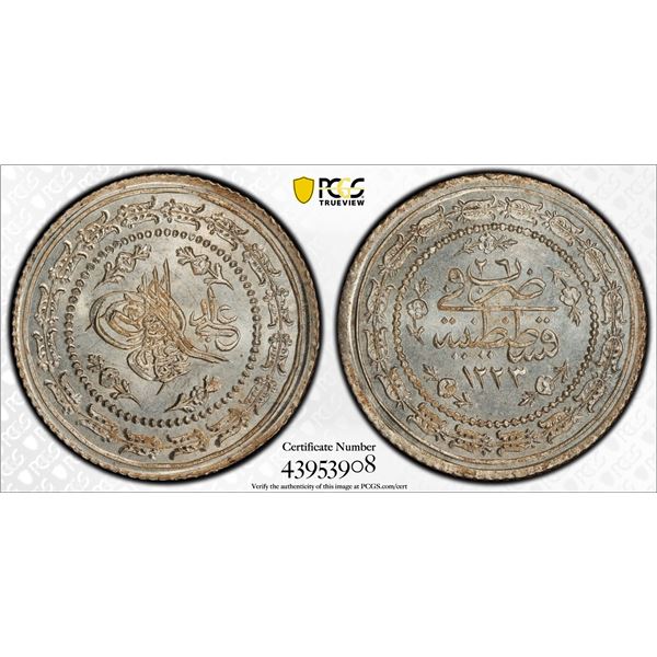 TURKEY: Mahmud II, 1808-1839, AR 3 kurush, Kostantiniye, AH1223 year 26, PCGS MS66