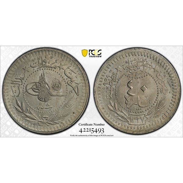 TURKEY: Mehmet V, 1909-1918, 40 para, Kostantiniye, AH1327 year 8, PCGS MS65