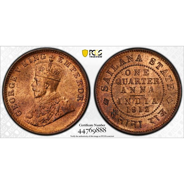 SAILANA: Jaswant Singh, 1890-1919, AE ¼ anna, 1912, PCGS MS64 RB