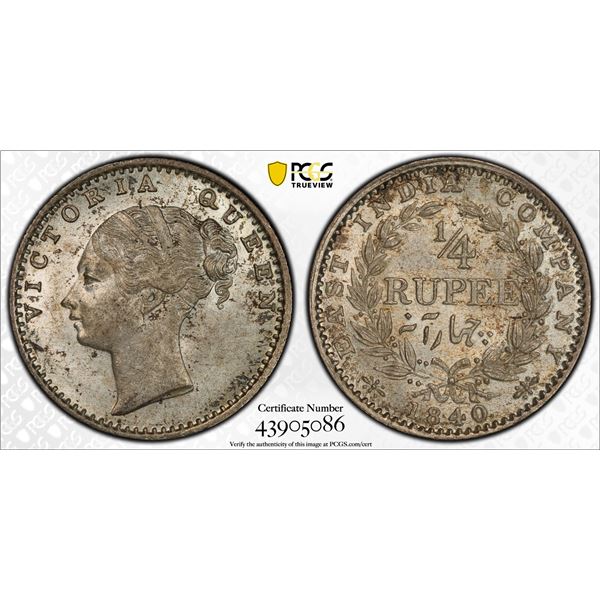 BRITISH INDIA: Victoria, Queen, 1837-1876, AR 2 annas, 1841(c), PCGS MS64 +