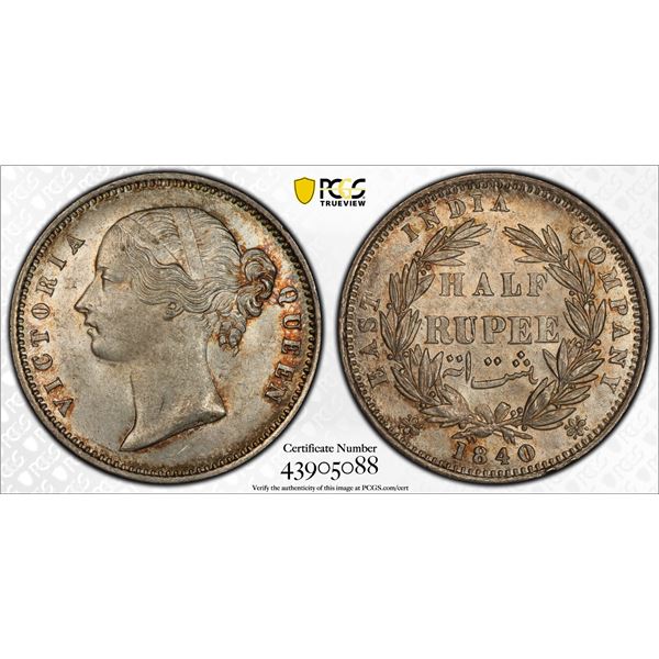 BRITISH INDIA: Victoria, Queen, 1837-1876, AR ½ rupee, 1840(b&c), PCGS MS65