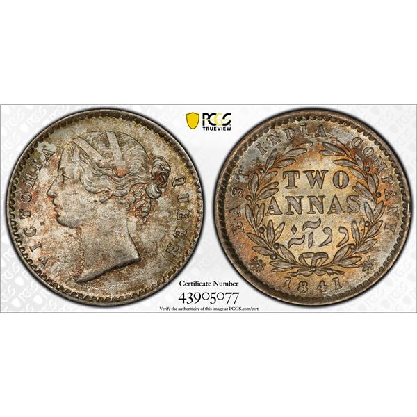 BRITISH INDIA: Victoria, Queen, 1837-1876, AR 2 annas, 1841(c), PCGS MS65