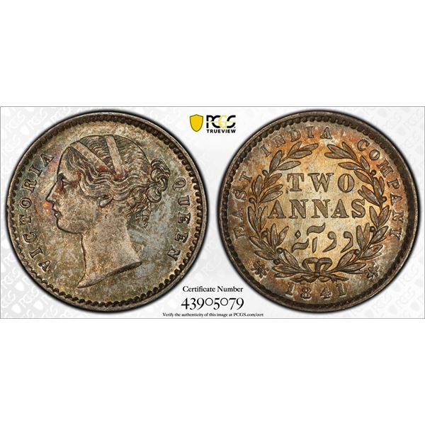 BRITISH INDIA: Victoria, Queen, 1837-1876, AR 2 annas, 1841(c), PCGS MS64