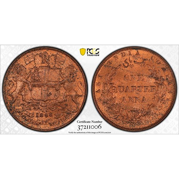 BRITISH INDIA: Victoria, Queen, 1837-1876, AE ¼ anna, 1858(w), PCGS MS63 RD