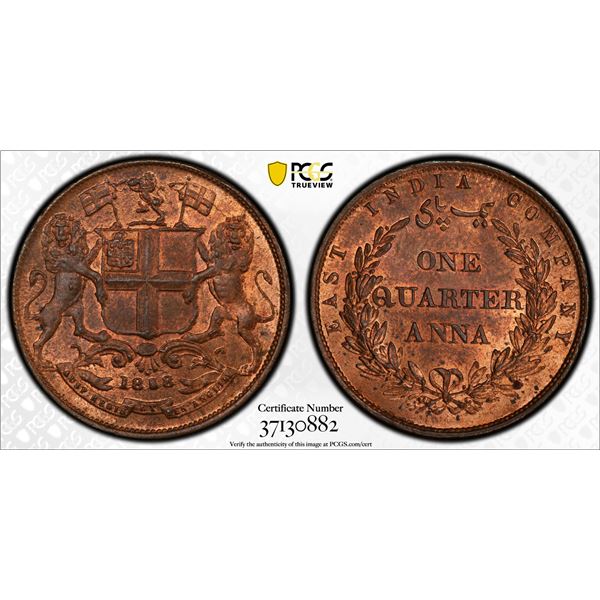 BRITISH INDIA: Victoria, Queen, 1837-1876, AE ¼ anna, 1858(w), PCGS MS64 RB