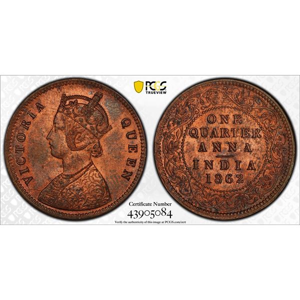 BRITISH INDIA: Victoria, Queen, 1837-1876, AE ¼ anna, 1862(m), PCGS MS64 BN