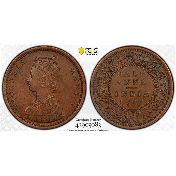 BRITISH INDIA: Victoria, Queen, 1837-1876, AE ½ anna, 1862(c), PCGS AU58