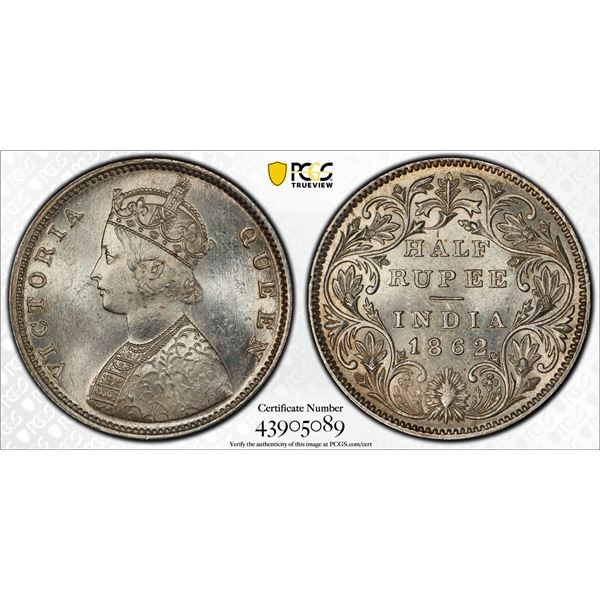 BRITISH INDIA: Victoria, Queen, 1837-1876, AR ½ rupee, 1862(b&m), PCGS MS63