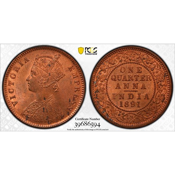 BRITISH INDIA: Victoria, Empress, 1876-1901, AE ¼ anna, 1891(c), PCGS MS64 RD