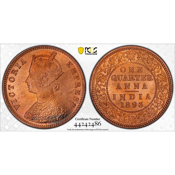 BRITISH INDIA: Victoria, Empress, 1876-1901, AE ¼ anna, 1893(c), PCGS MS65 RD