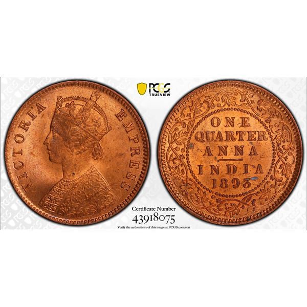 BRITISH INDIA: Victoria, Empress, 1876-1901, AE ¼ anna, 1893(c), PCGS MS64 RD