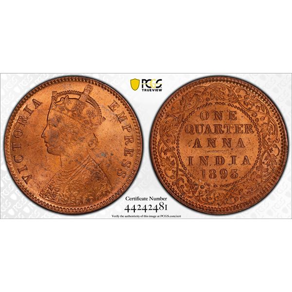 BRITISH INDIA: Victoria, Empress, 1876-1901, AE ¼ anna, 1893(c), PCGS MS64 RD