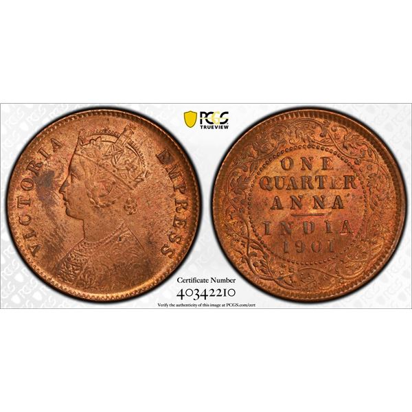 BRITISH INDIA: Victoria, Empress, 1876-1901, AE ¼ anna, 1901(c), PCGS MS63 RB