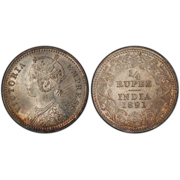 BRITISH INDIA: Victoria, Empress, 1876-1901, AR ¼ rupee, 1891-C, PCGS MS64